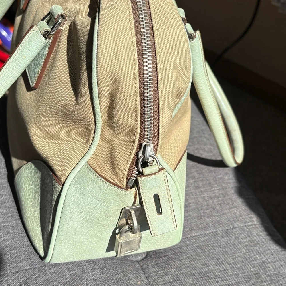 Prada Tan Canvas Shoulder Bag with Sage Green Trim
